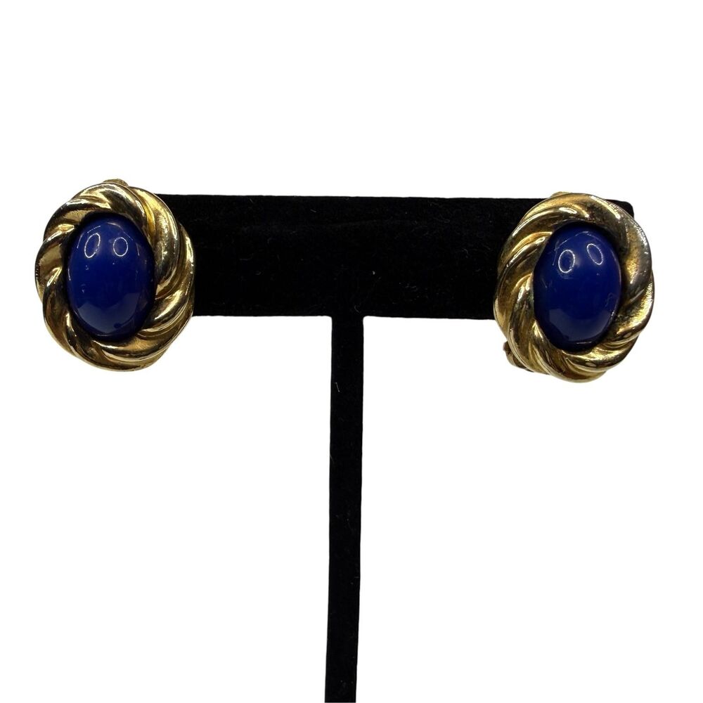 VTG KJL Avon Gold Tone Blue Cabochon Clip On Earrings Twisted Rope Design 1"